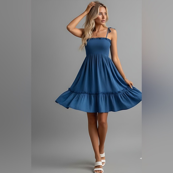 Blue Pleated Shirred Ruffle Hem Dress - Picture 3 of 8
